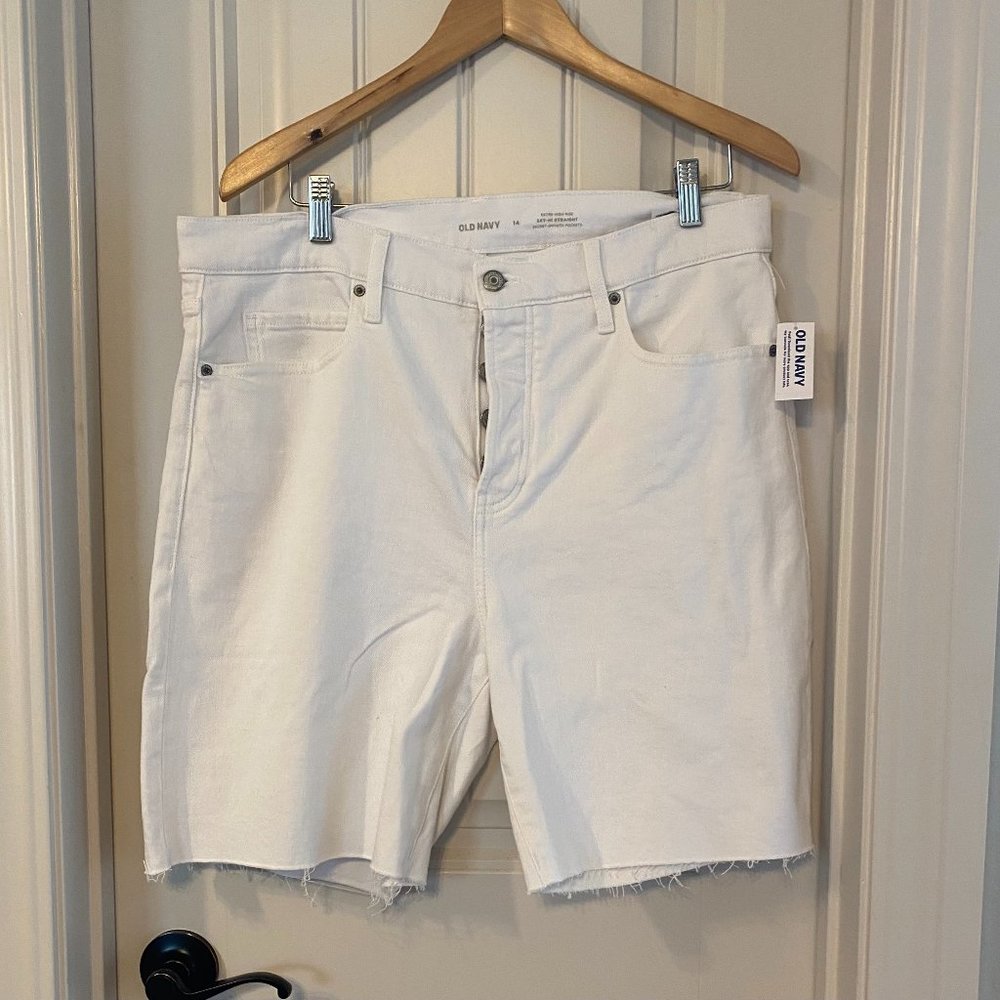 Extra High-Waisted Button-Fly Sky-Hi Straight White Cut-Off Jean Shorts